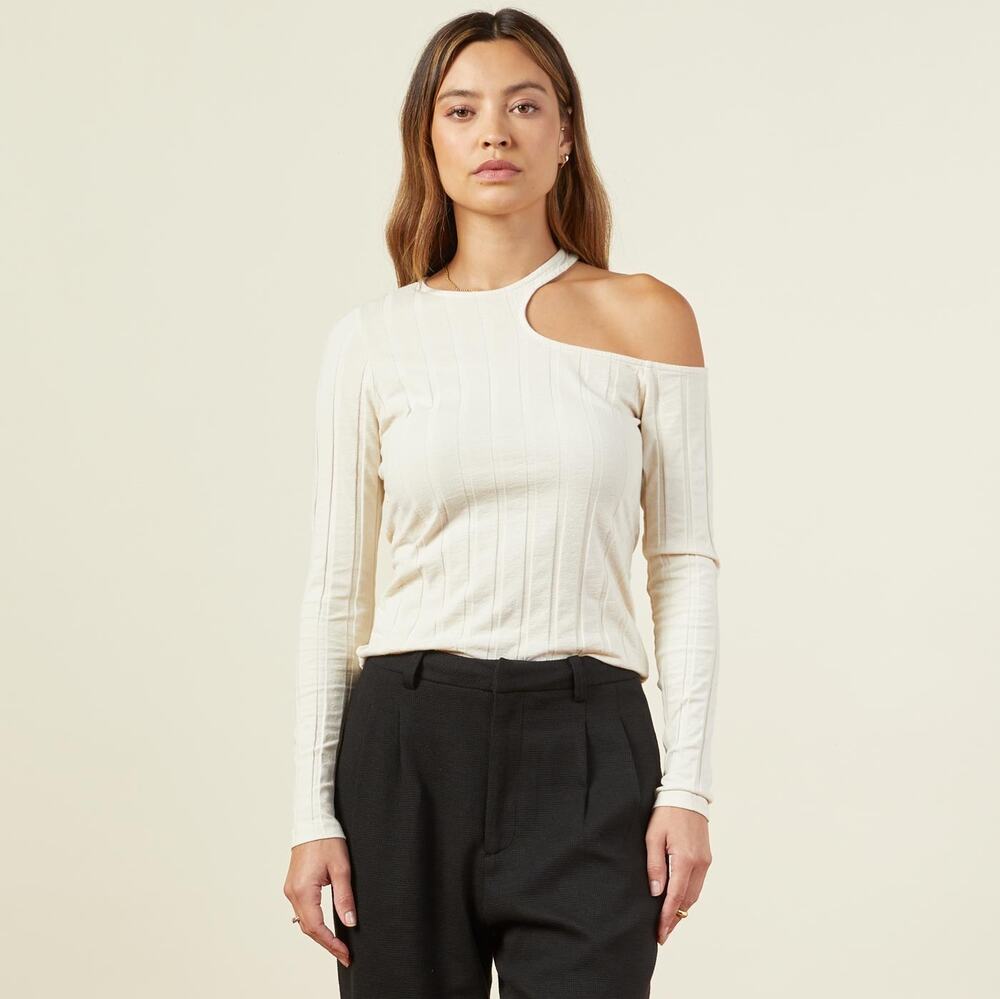 Monrow Flat Rib Asymmetric Ivory Long Sleeve Cut Out Top Size XS